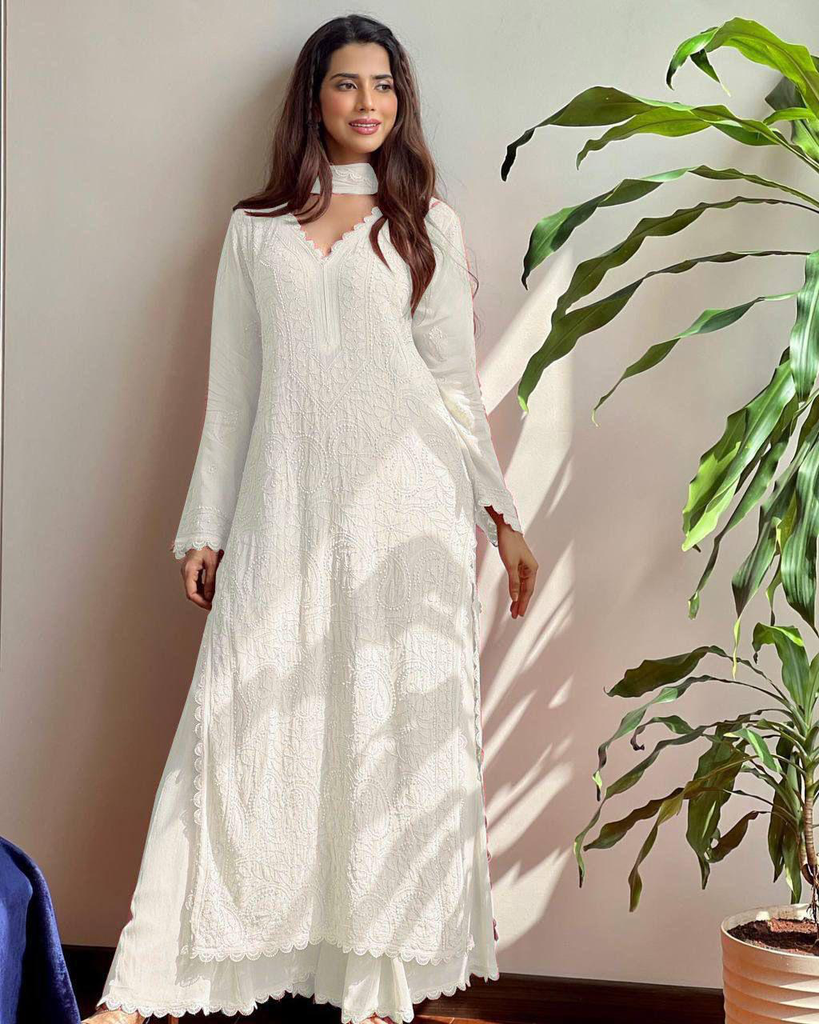 Running wear trendingfaux georgette top cotton thread embroidery 