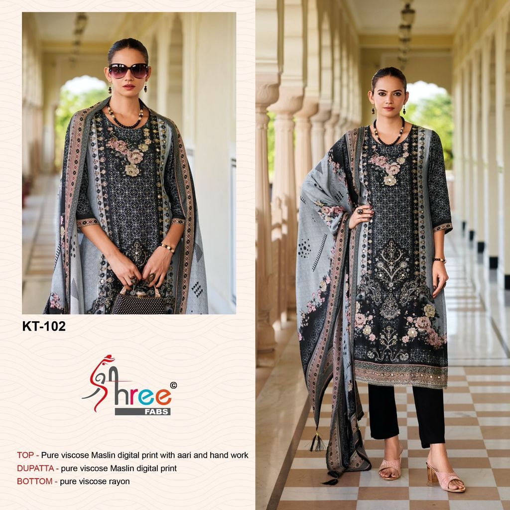  Pure viscous Maslin digital print with aari and hand work