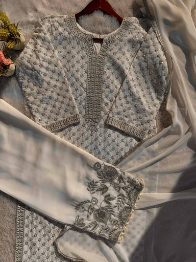 Desirable faux georgette 1700+ moti handmade work